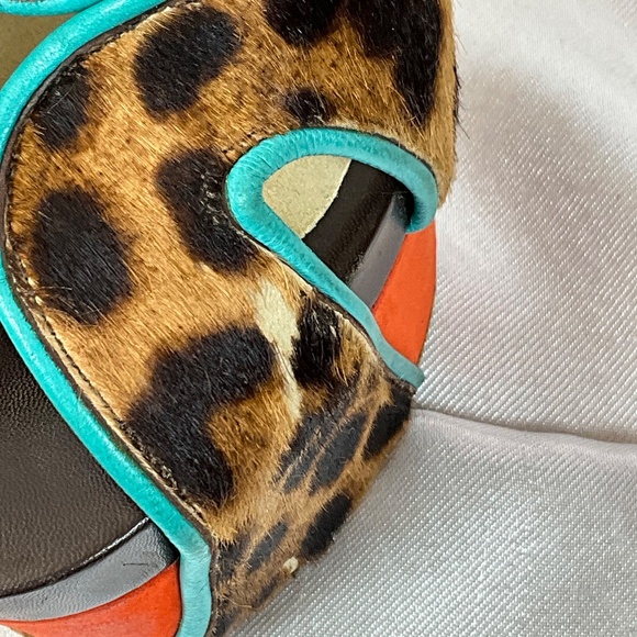 Brian Atwood Leopard Pony Hair Platform Heels Turquoise Trim Size 40 - Picture 6 of 15